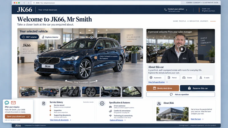 Concept mockup of a personalised JK66 virtual showroom with a 360-degree vehicle viewer, feature hotspots, welcome video, vehicle information and test-drive and reservation buttons.