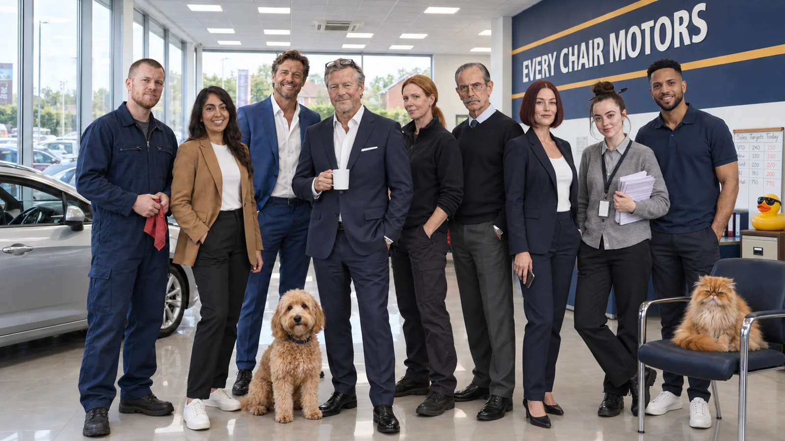 The Every Chair Motors team gathered in the showroom, with Bob the Cockapoo and Marmalade the Persian cat