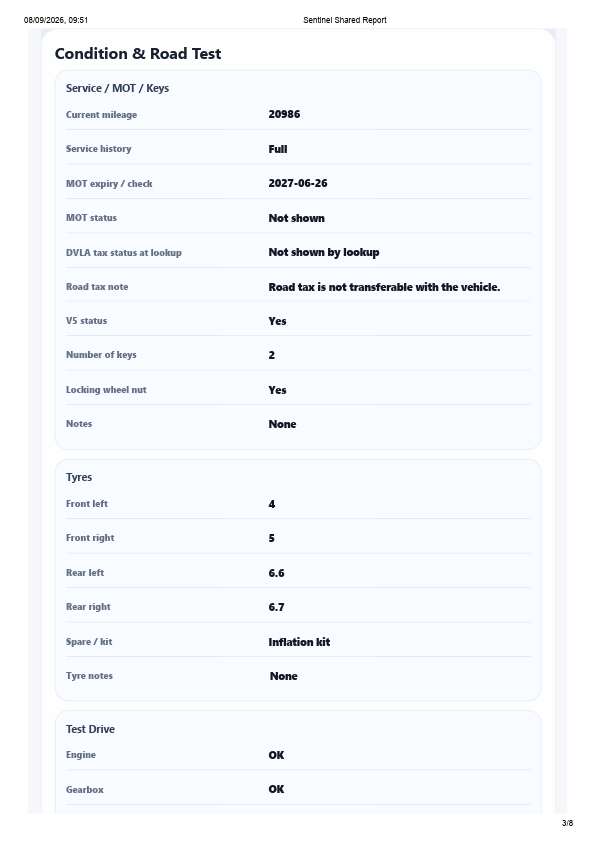 Redacted CERSUS Appraisal example, page 3 of 8: condition and road test.