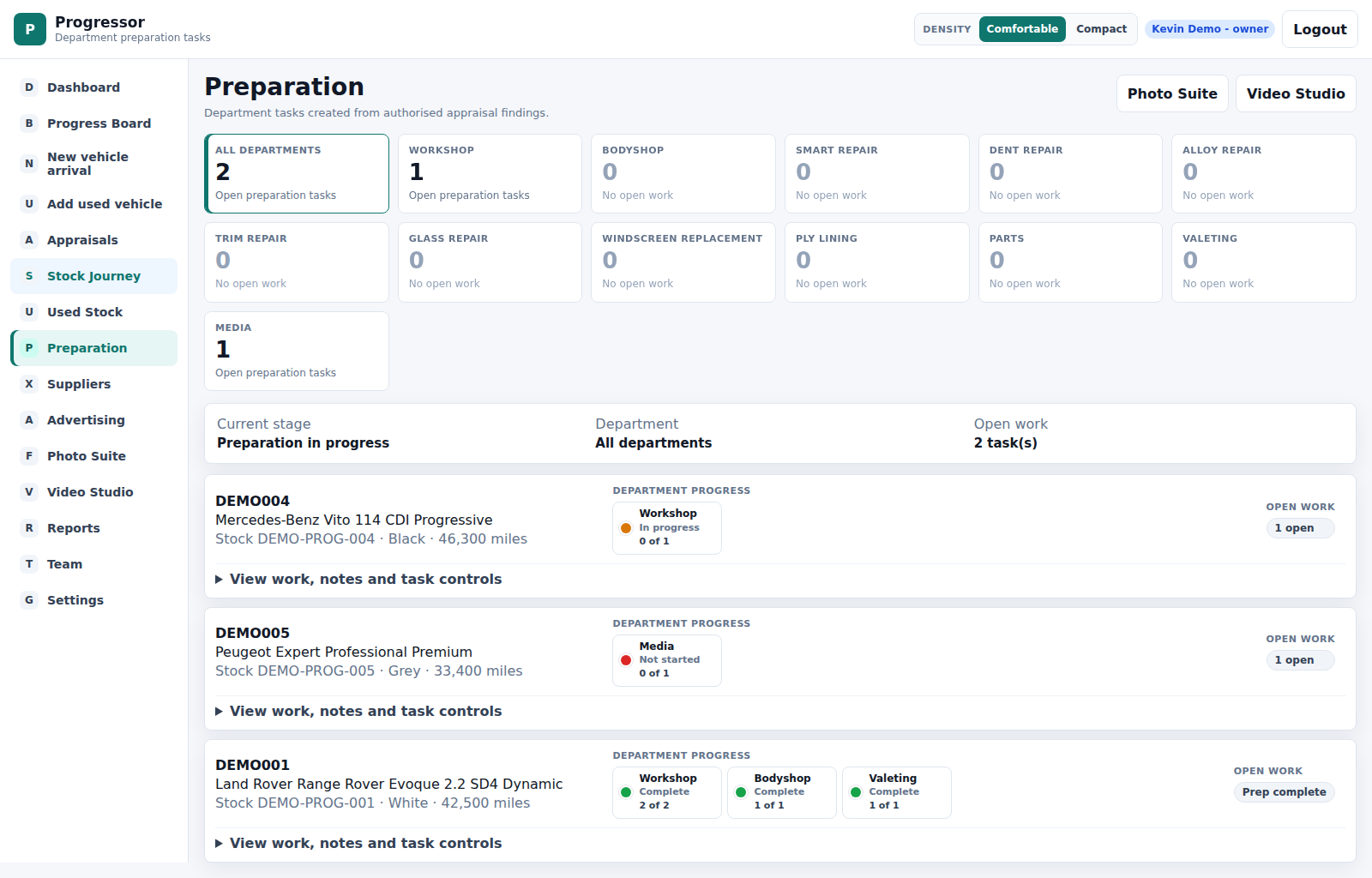 Demo Progressor preparation view showing department tasks and vehicle progress