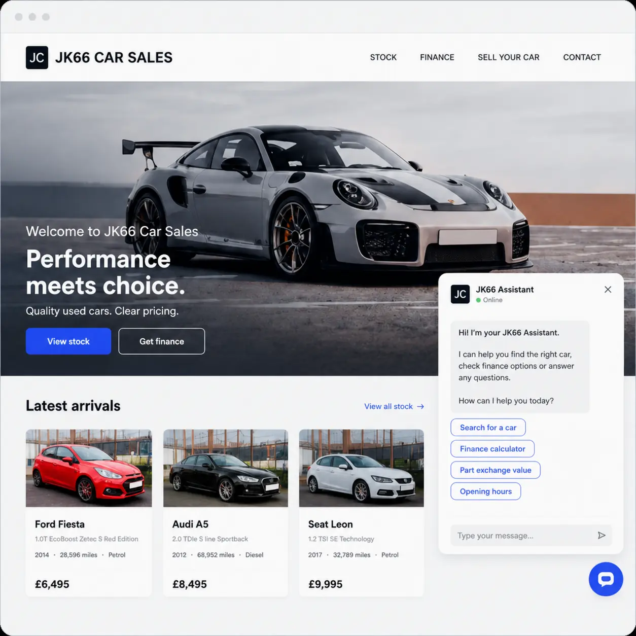 Example dealer website showing vehicle stock cards and customer enquiry assistance