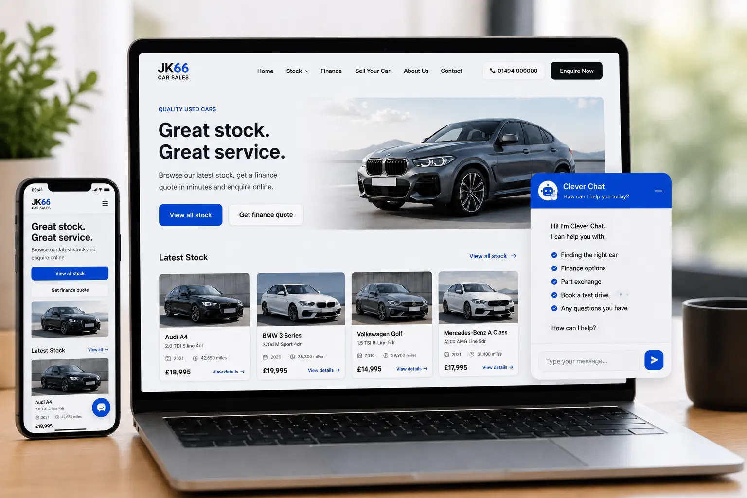 Example responsive dealer website shown on desktop and mobile with stock and customer enquiry tools
